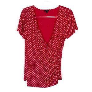 Talbots Red Wrap Front Polka Dot Short Sleeve Blouse Rayon Blend Womens L PETITE